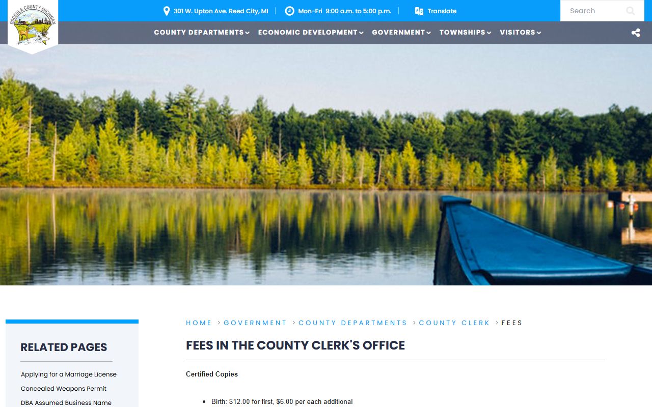 Osceola County Clerk fees for certified copies filings and permits