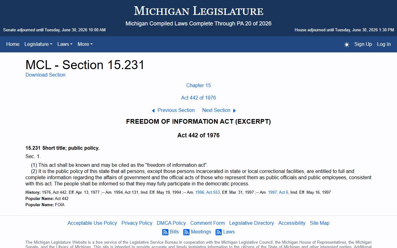 MCL 15.231 Michigan FOIA policy for Osceola County records