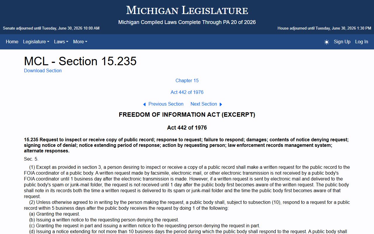 MCL 15.235 FOIA response timing for Osceola County records