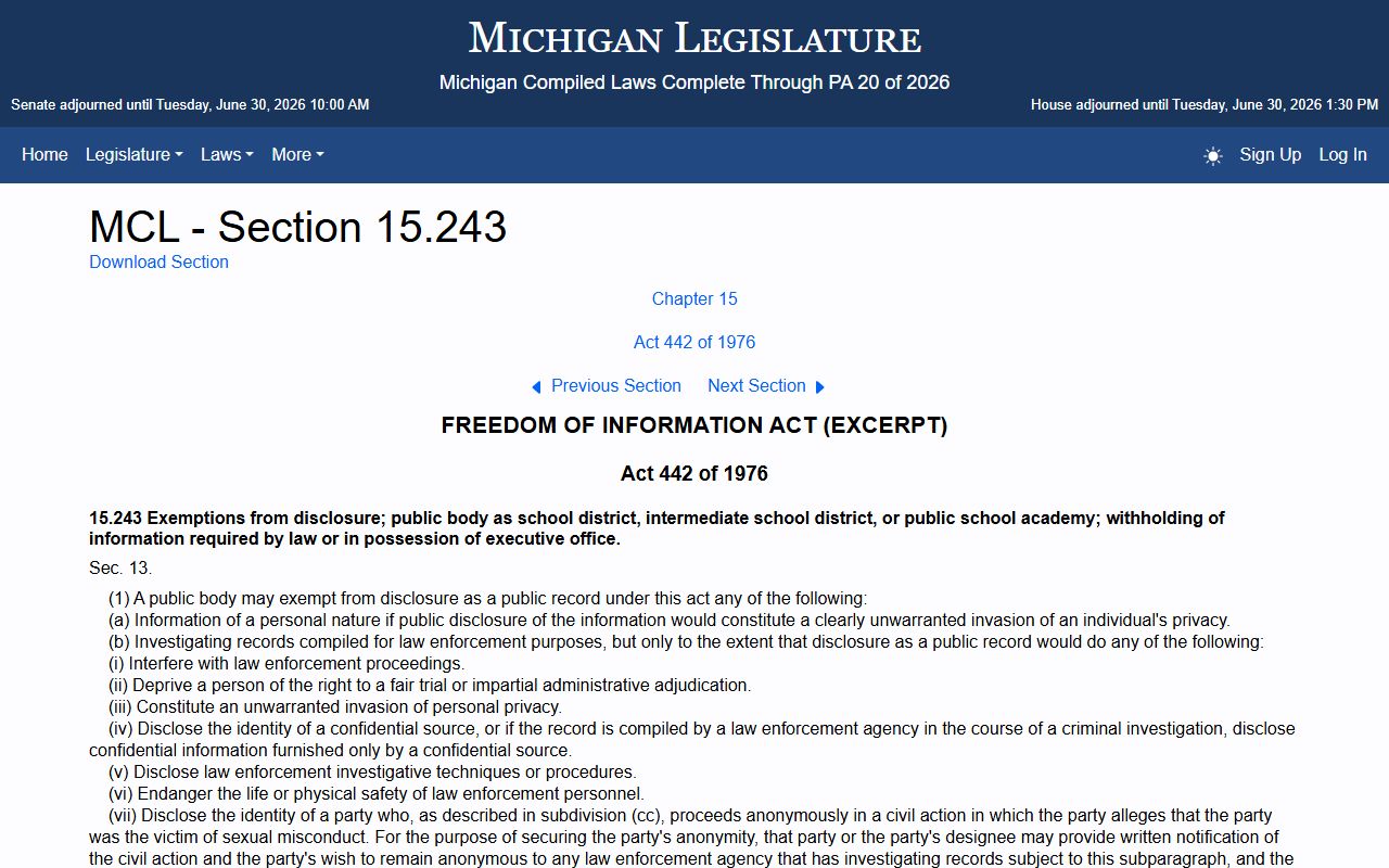 MCL 15.243 FOIA exemptions for Osceola County records