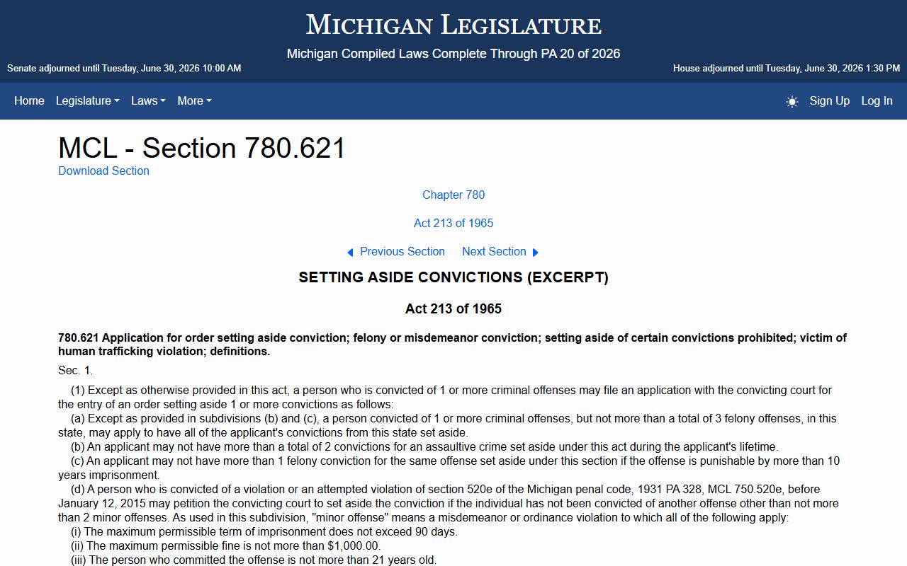 Osceola County set-aside of criminal court records under MCL 780.621