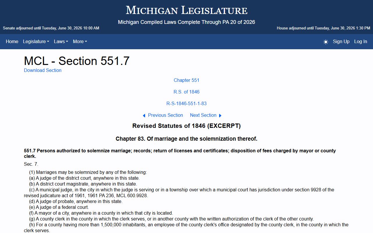 MCL 551.7 marriage solemnization statute for Osceola County circuit court records