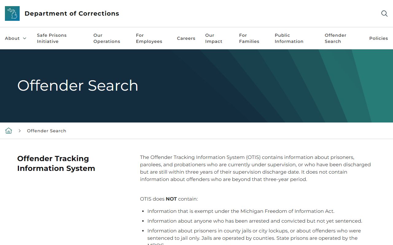 MDOC OTIS Osceola County offender information page for inmate search