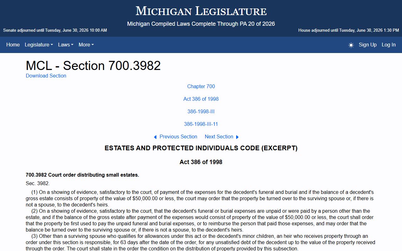 Osceola County probate records MCL 700.3982 small estate assignment statute