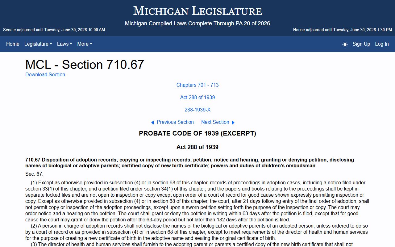 Osceola County probate records MCL 710.67 adoption record limits statute