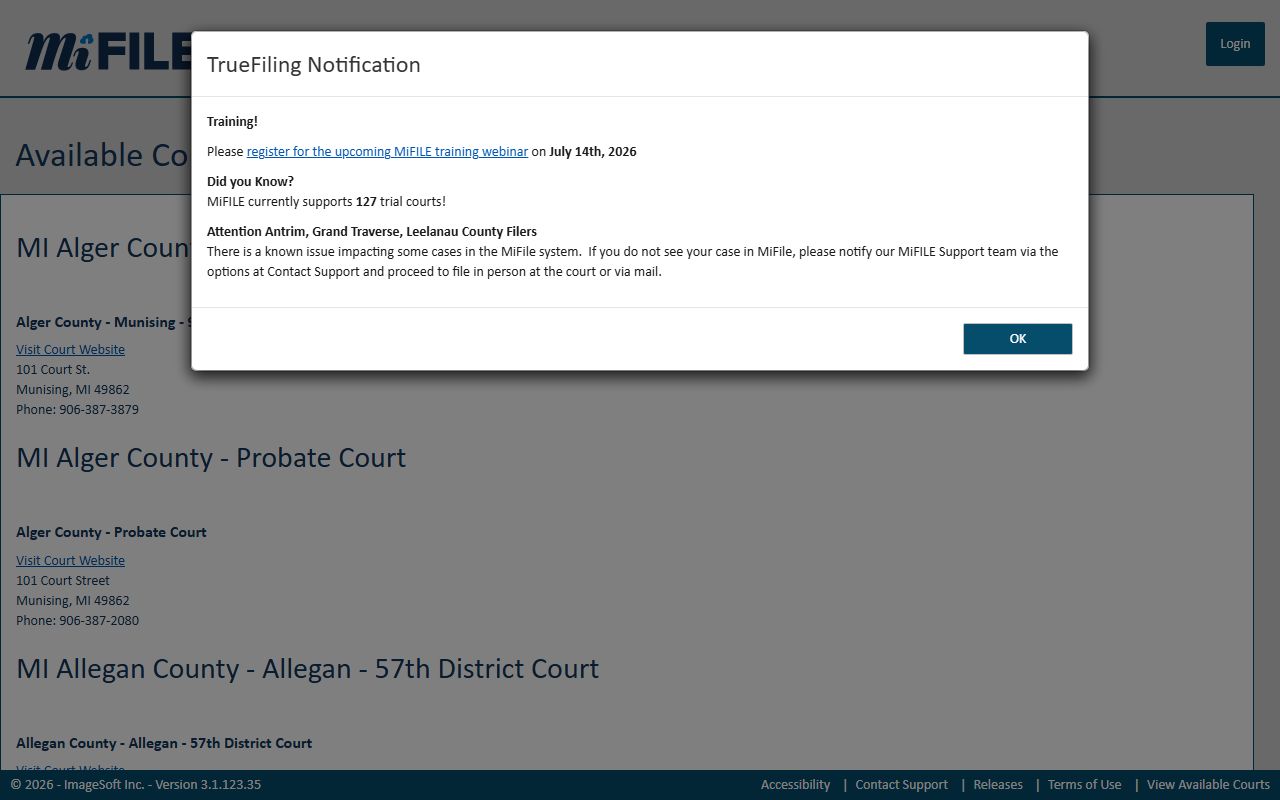 MiFILE available courts list confirming the Osceola County 77th District Court for traffic records e-filing
